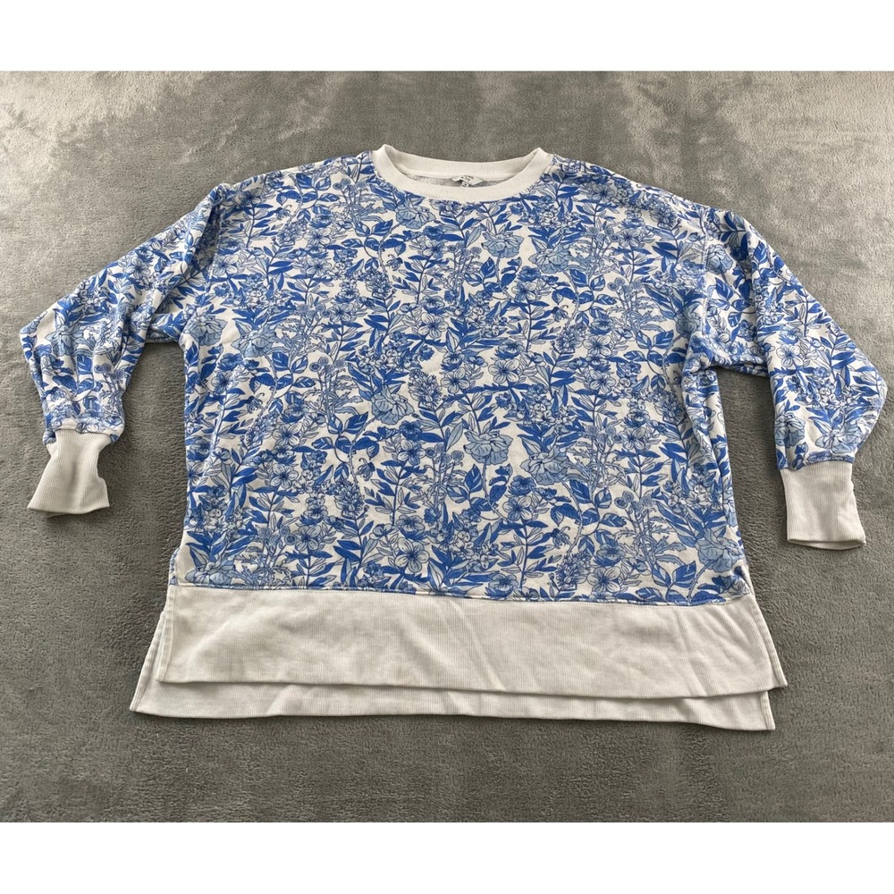 Crown & Ivy Womens Blue Floral Pullover Sweatshirt Fleece Lined Size M White